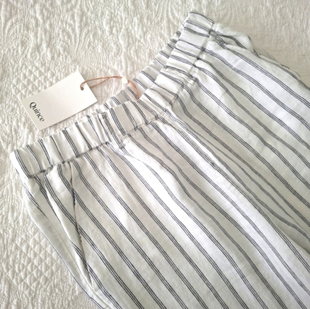 Quince S NWT 100% Linen Striped Pants Tapered Ankle Cream Black - Picture 6 of 7